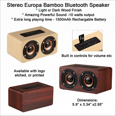 Stereo Europa Bamboo Bluetooth Speaker - Dark or light Wood No Extra Tariff
