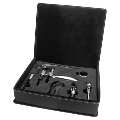 Black/Silver Leatherette 5-Piece Wine Tool Gift Set