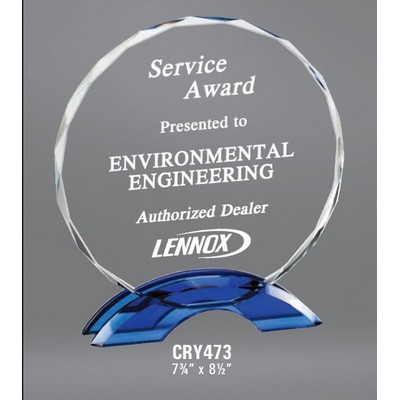 Cascata Circle Crystal Award with Blue Base, 6 3/4"H