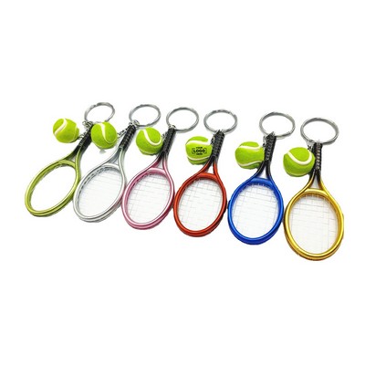 Color Mini Tennis Racket with Ball Keychain Key Ring