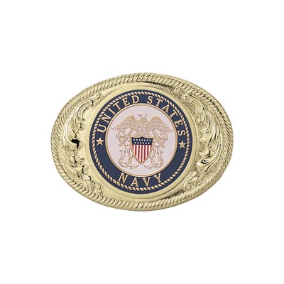 Gold Oval Die Cast Belt Buckle w/United States Navy Insert (2 3/4" x 3 5/8")