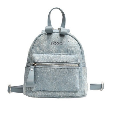 Trendy Mini Denim Backpack W/ Pu Leather Straps