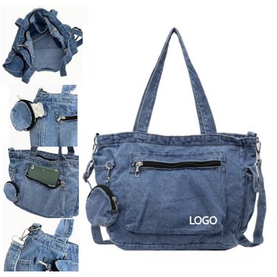 14.9 X 10.2 Inch Denim Zippered Tote Bag W/ Shoulder Strap