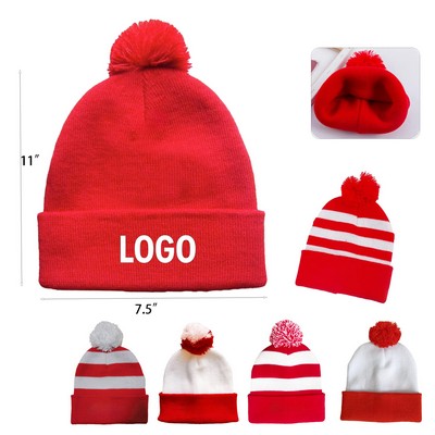 Christmas Acrylic Knit Color Block Beanie with Pom