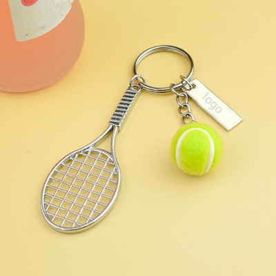 Tennis Racket Ball Keychain With Customizable Tag