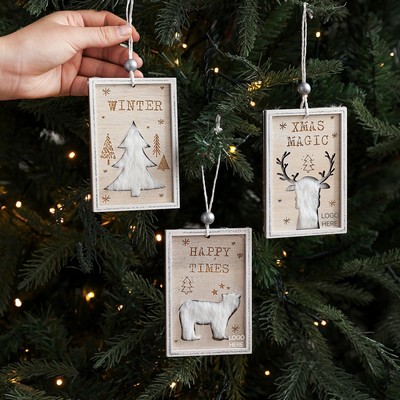 Wooden Plaque Hanging Ornament Hollow Plush Square Print with Reindeer Christmas Tree Decoration