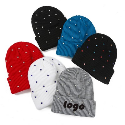 Stone-Embellished Cuff Knit Cap
