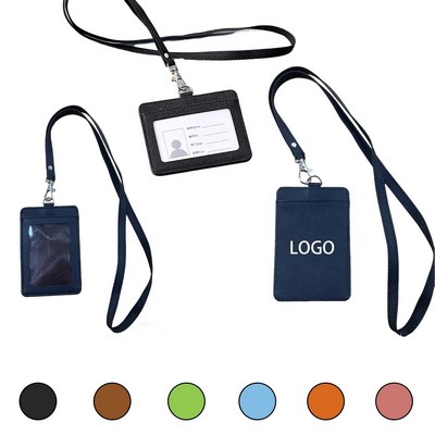 PU Leather ID Badge Holder With Lanyard