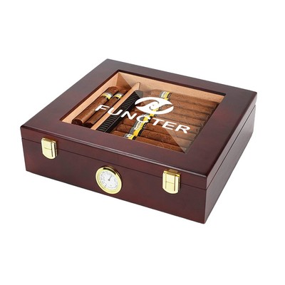Wooden Cigar Humidor Box - 10.2" x 8.7" x 2.8" Radiata Pine Storage Case with Humidifier & Hygromete