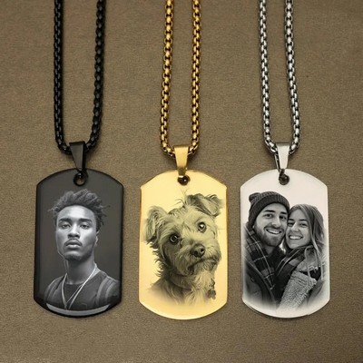 Custom Photo Engraved Dog Tag Necklace Personalized Stainless Steel Military Pendant