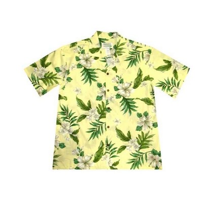 Yellow Hawaiian Shirt (S - 3XL in-stock) - 100% Cotton Poplin Tropical Print w/ Coconut Buttons