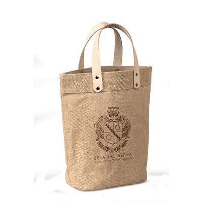 Natural Jute Burlap Tote Bag with Leather Handles