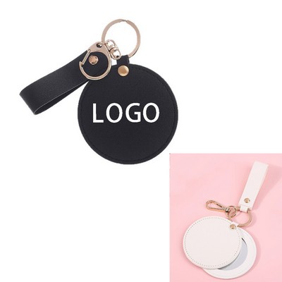 Portable Round Leather Makeup Mirror With Keychain