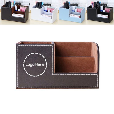 Pu Leather Desk Organizer Pen Pencil Holder