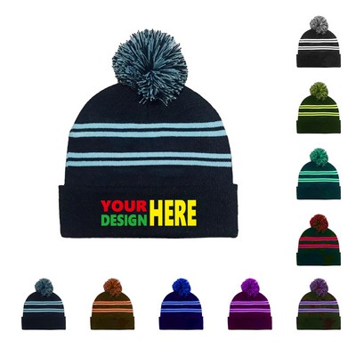 Acrylic Knit Beanie Cap With Pom