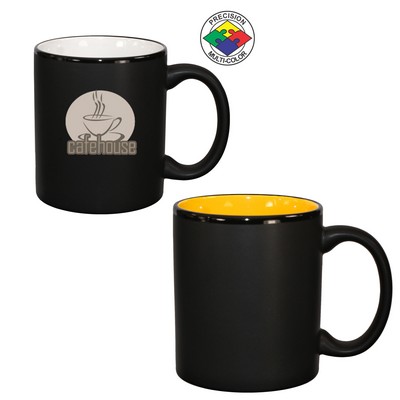 10.5 Oz. Vitrified Restaurant Quality Hilo C-Handle Satin Black / Yellow, Dishwasher Safe Spot Color