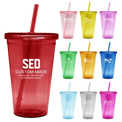Double Wall Clear Plastic Cup With Lid And Straw