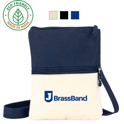 Everyday Eco Friendly 11 Oz. Crossbody Canvas Tote Pouch w/Navy Blue Trim