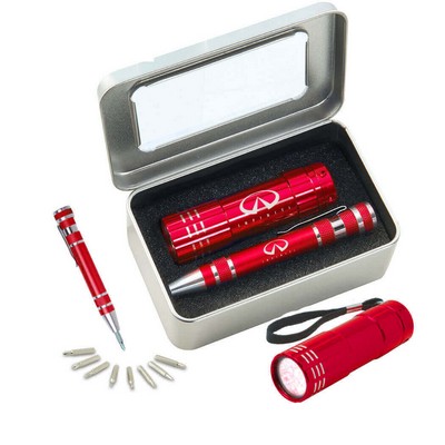 Gift set FL05 Red Stripe flashlight & KM401 Screwdriver set Red