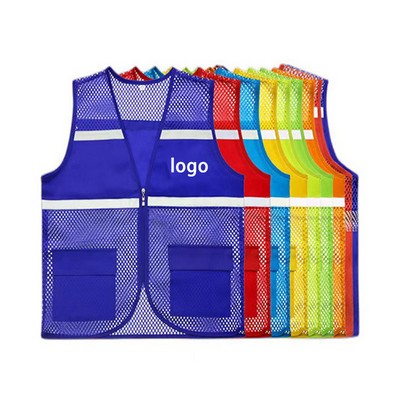 High Visibility Breathable Mesh Fabric Safety Vest w/Multi Pockets & Zipper & Reflective Strips