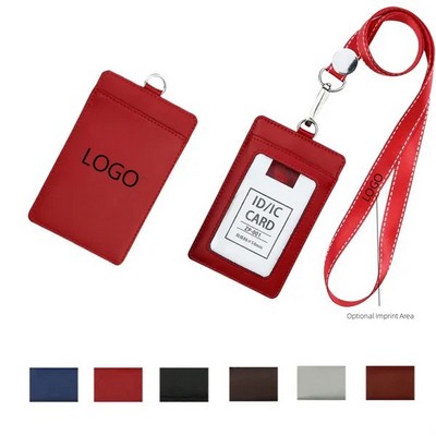 Vertical PU Leather ID Badge Holder w/ Neck Lanyard Strap
