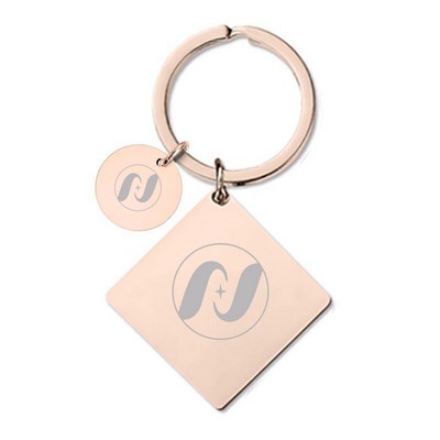 30 x 30 x 2 mm Rose Gold Square Tag Keychain W/ Small Round Tag 15 mm Dia.