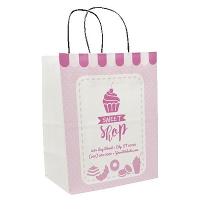 One Color 1-Sided White w/ Black Handle Shopper Paper Bags (8"x 10.25"x 5")
