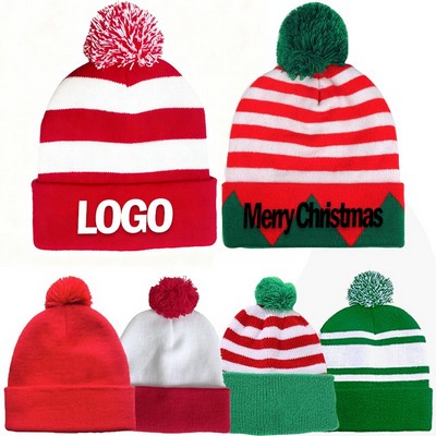 Custom Soft Christmas Acrylic Knitted Cuffed Beanie Hat w/Pom Pom