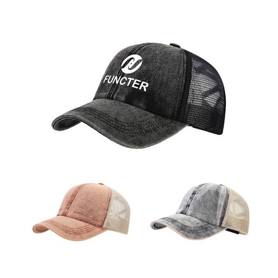 Women's Vintage Washed Patchwork Mesh Cross-Stitch Ponytail Baseball Cap