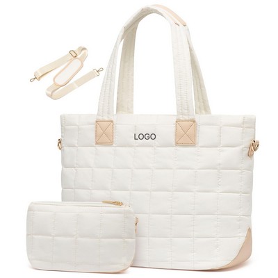 Quilted Shoulder Tote Bag Large Capacity Fashion Padded Cotton Underarm Bag Handbag