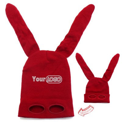 Knitted Bunny Ear Halloween Mask Hat With Eye Holes For Costume And Warmth