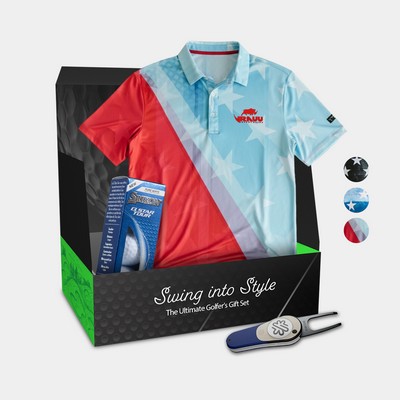 YATTA Golf® Patriot Men's Polo Shirt, Srixon® Golf Balls & Pitchfix® Icon Divot Tool Gift Set