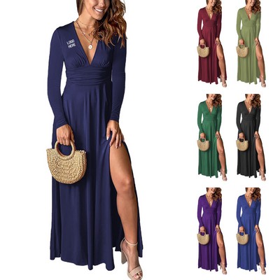 Women's Sexy Deep V-Neck Long Sleeve Dress