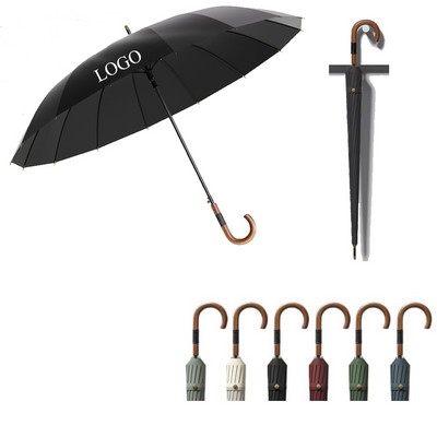 16 Ribs Straight Umbrella With Wood Curved Handle
