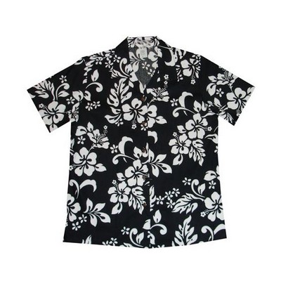 Ladies Black Hawaiian Print Cotton Short Sleeve Shirt