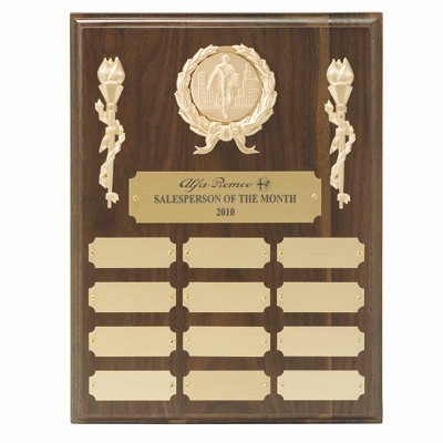 Multiple Plate Walnut Finish Plaque w/12 Gold Plates & 2" Medallion Insert (9"x 12")