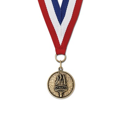 1 1/8" Torch Cast CX Medal w/Red/White/Blue or Year Grosgrain Neck Ribbon