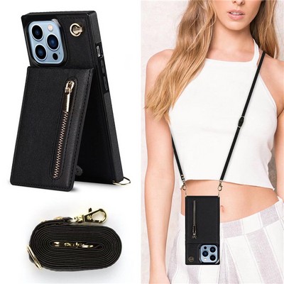 Zipper Wallet Crossbody Lanyard Flip Leather Phone Case for iPhone 11 12 13