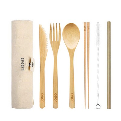 Biodegradable Bamboo Straw Spoon Fork Knife Travel Wooden Bamboo Cutlery 6" 1 Utensils Kit