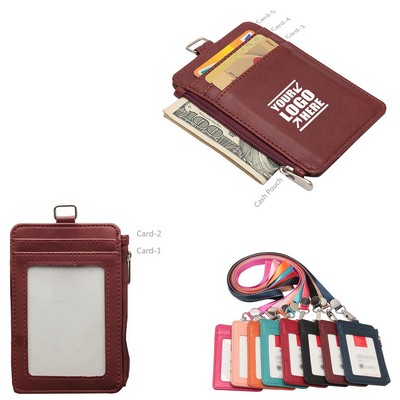 Lanyard 6 Pockets PU Leather Card Holder With Zippered Pocket