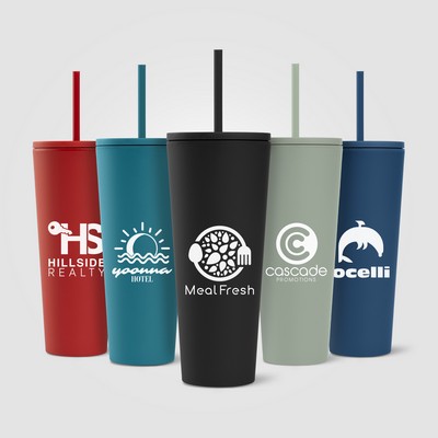 Spire - 24 oz Soft Touch Double Wall Recycled Plastic Tumbler w/ Straw - Silkscreen