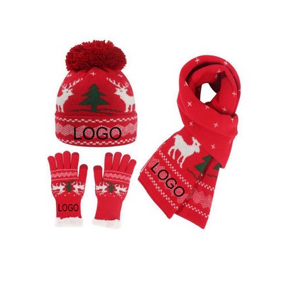 Xmas Knitted Hat Scarf Glove for Women 3 in 1 set