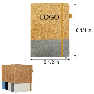 Eco-Friendly A5 Cork Wooden Hard Cover Notebook w/Elastic Strap & Bookmark & Pen Loop