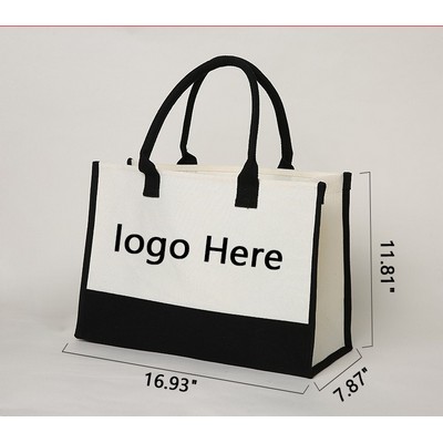 Classic White & Black Cotton Canvas Tote Bag