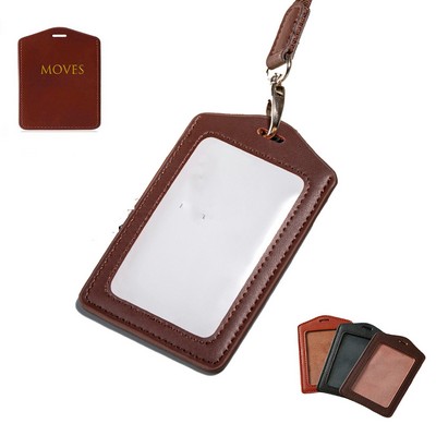 Genuine Leather Id Badge Holder With Retractable Lanyard