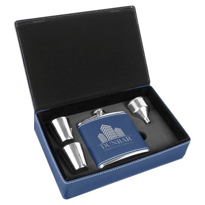 6 oz. Blue/Silver Leatherette Flask Gift Set