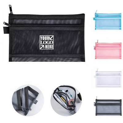 Double-layer Nylon Mesh Stationery Pen Bag