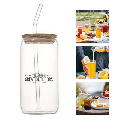 Clear Glass Tumbler with Bamboo Lid and Straw