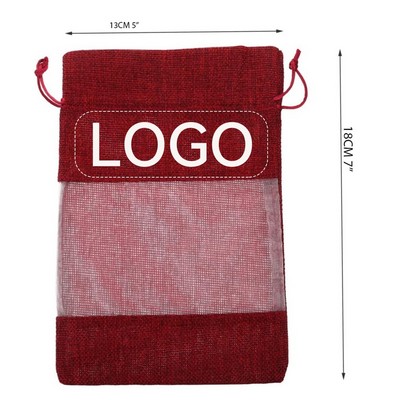 7" Linen Burlap Organza Drawstring Bag With Lids