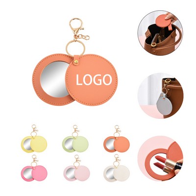 PU Leather Round Rotating Makeup Mirror Keychain